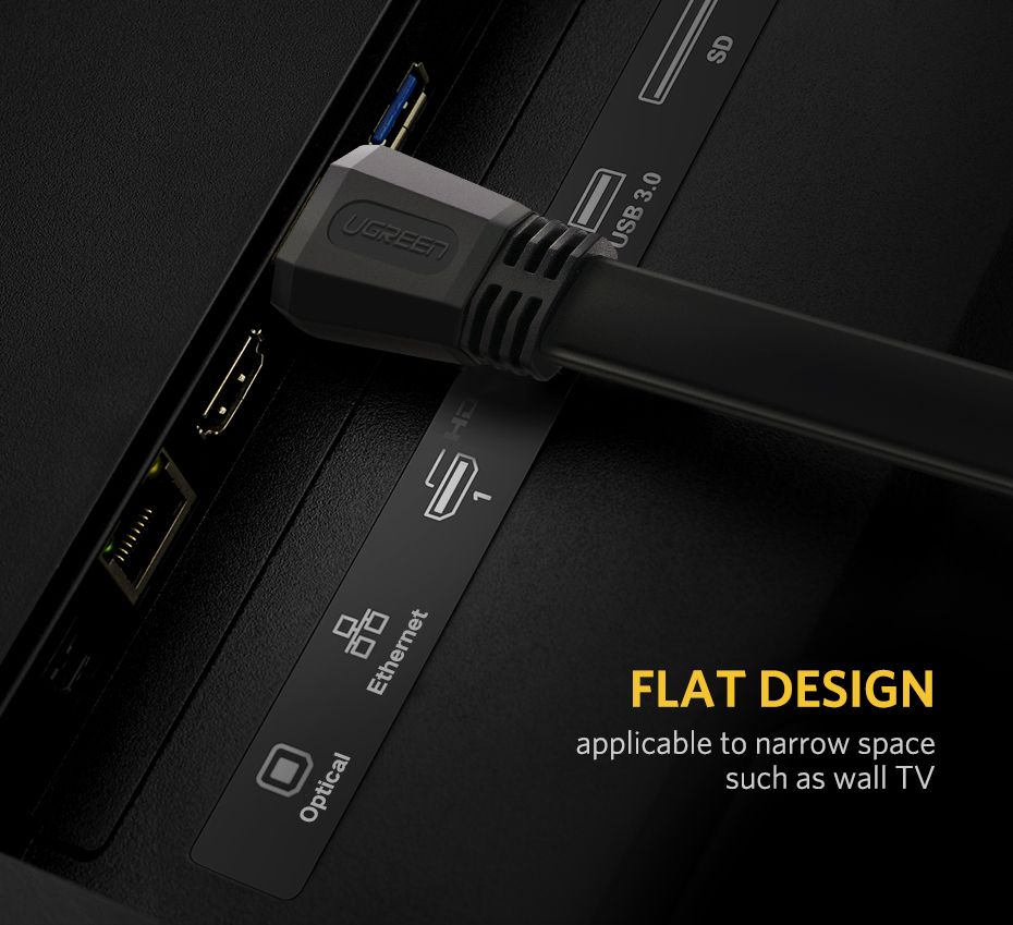 Кабель UGREEN ED015 HDMI, плоский, v.2.0, цвет - чёрный, длина - 1,5м